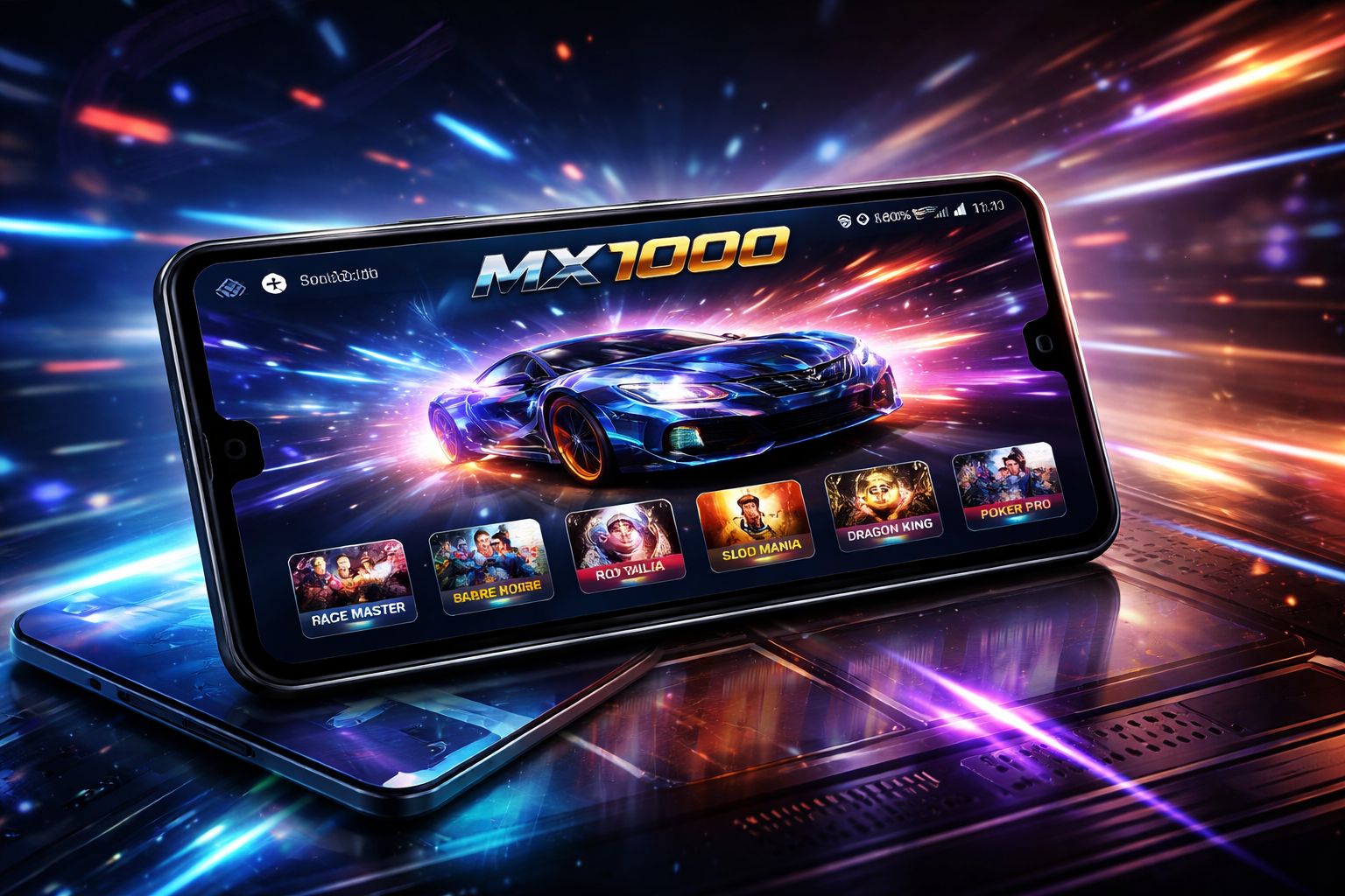 Escena amplia de juegos móviles con interfaz de la app MX1000 en un teléfono Android