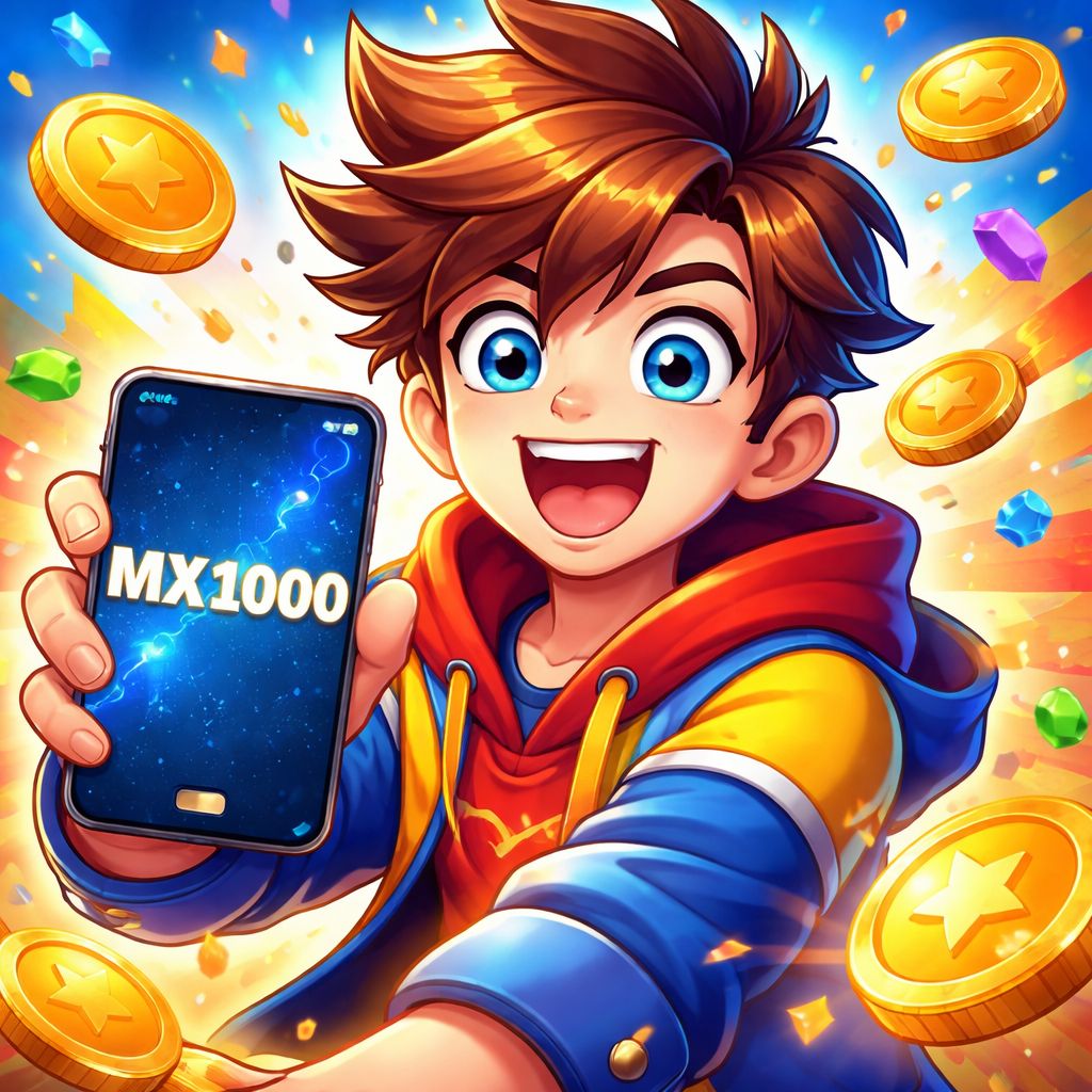 Personaje de caricatura MX1000 con smartphone, monedas y elementos de juegos móviles