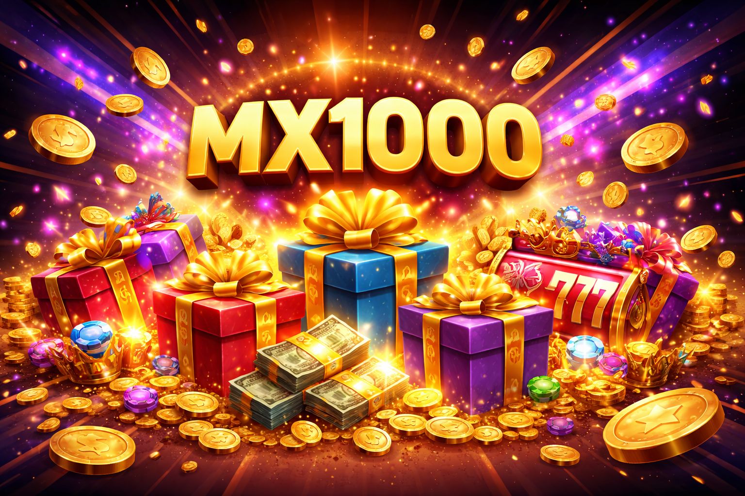 Escena promocional temática MX1000 con cajas de regalo, monedas y visuales de bonos de casino