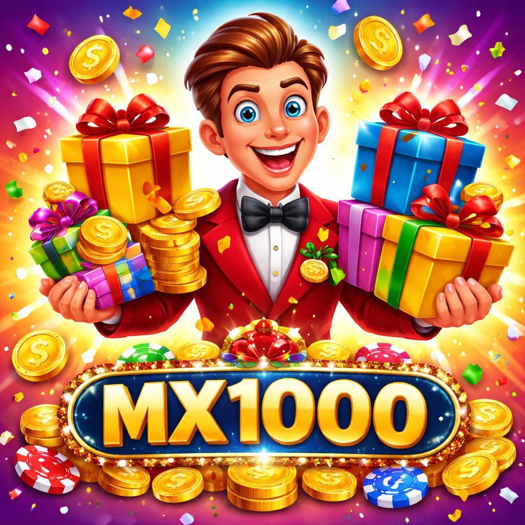 Personaje de dibujos animados MX1000 con monedas, regalos y símbolos de bono en una escena estilo casino