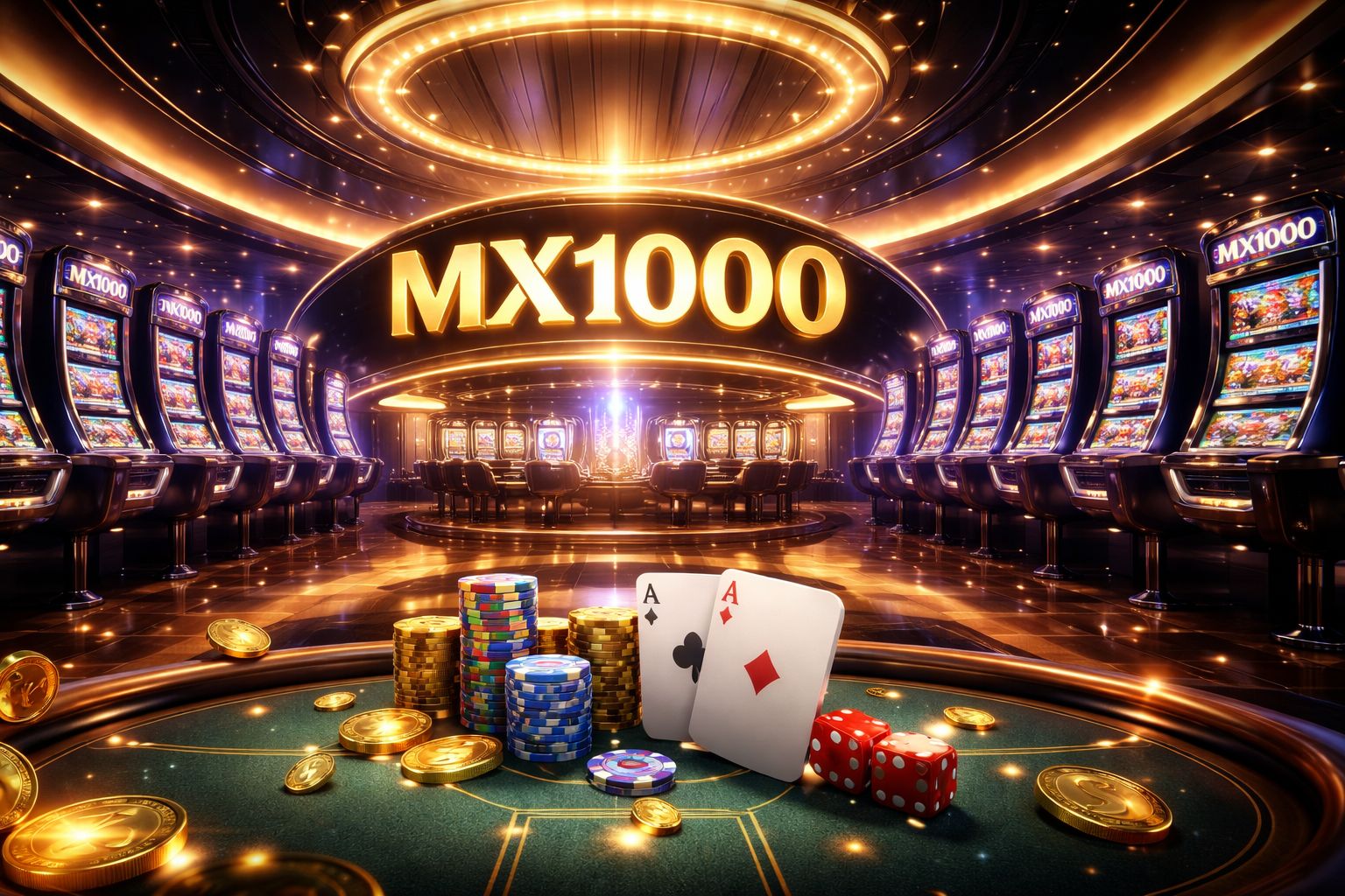 Escena moderna de casino en línea con marca MX1000, fichas, cartas y pantallas de tragamonedas brillantes
