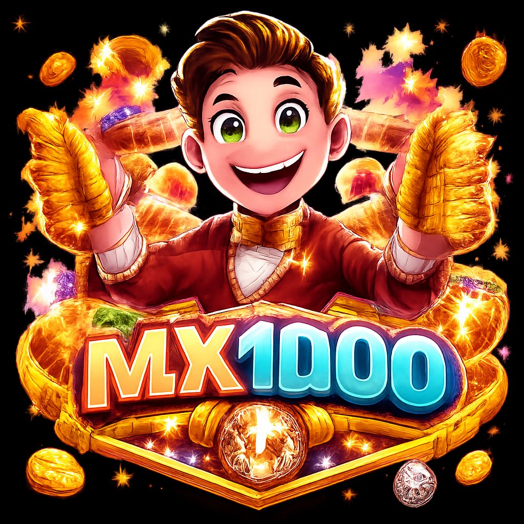 Personaje de casino caricaturesco MX1000 con monedas y elementos brillantes de juego
