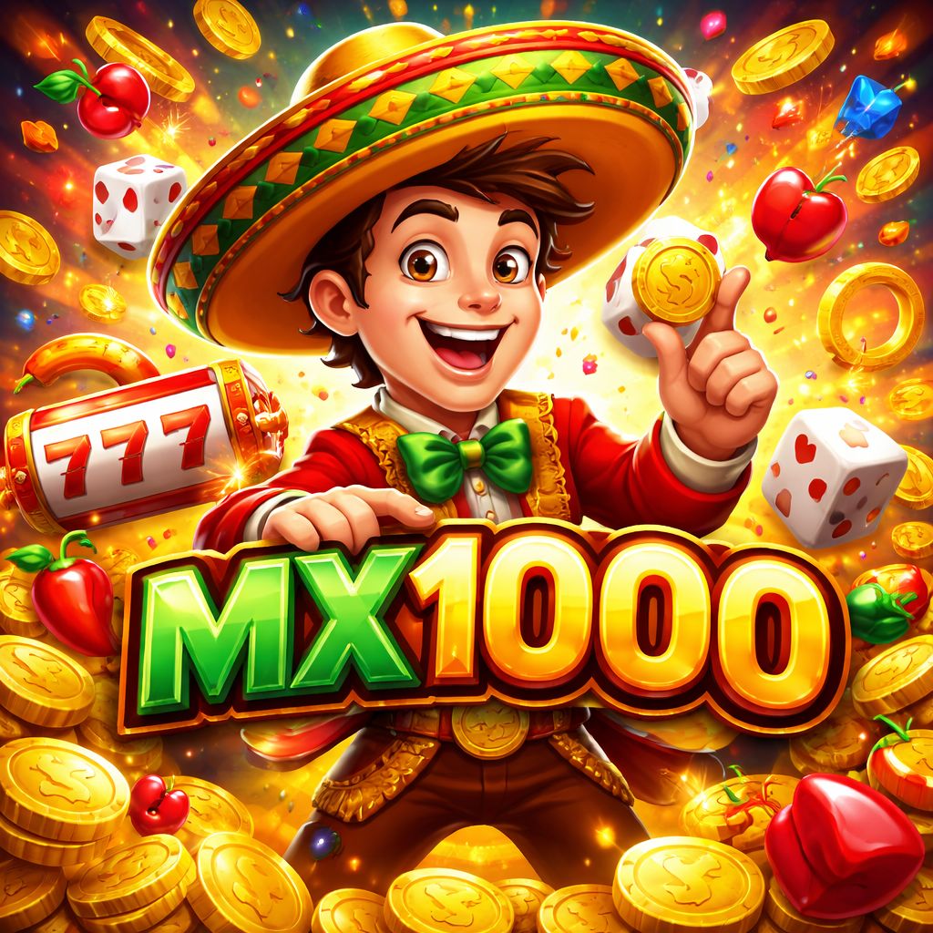 Personaje de caricatura MX1000 con monedas y símbolos de juego en una escena brillante estilo casino