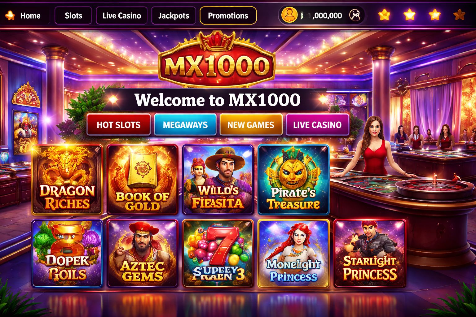 Vista amplia de un lobby de casino en línea colorido con íconos de tragamonedas y mesas de juego en vivo con marca MX1000