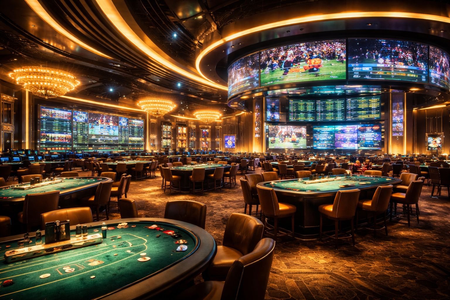 Escena amplia de casino con mesas de juego estilo MX1000, luces y ambiente premium