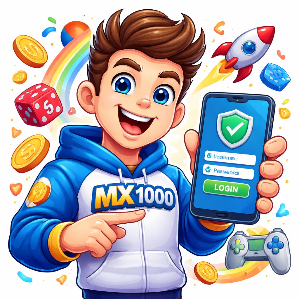 Personaje de caricatura MX1000 con pantalla de inicio de sesión en smartphone, monedas y tema seguro de juegos