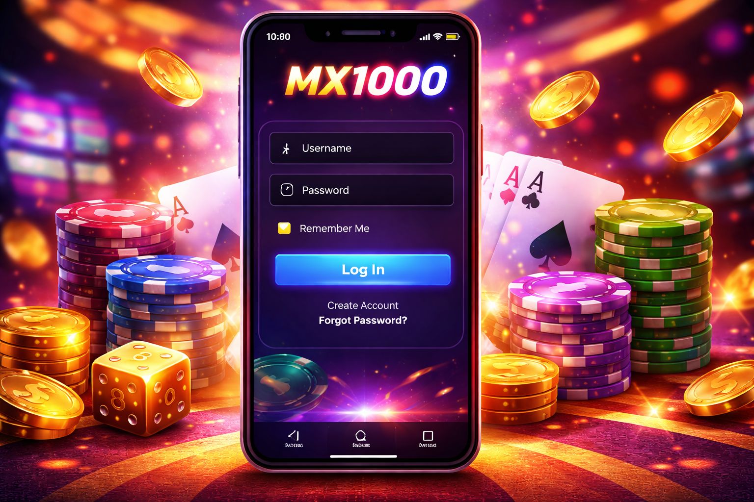 Panel de inicio de sesión MX1000 mostrado en un teléfono móvil con una interfaz brillante de juegos