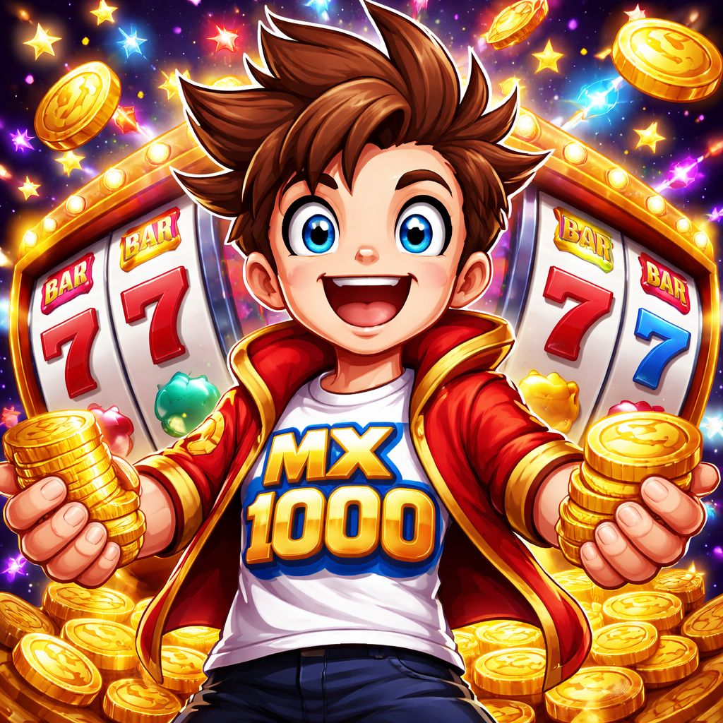 Personaje de dibujos animados MX1000 con símbolos de tragamonedas, monedas y un fondo animado estilo casino